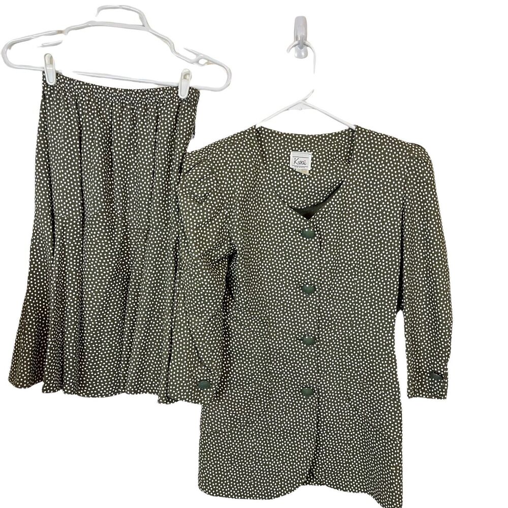 Two Piece Skirt Suit Vintage Kwai Womens Olive Green White Polka Dot Size 8
